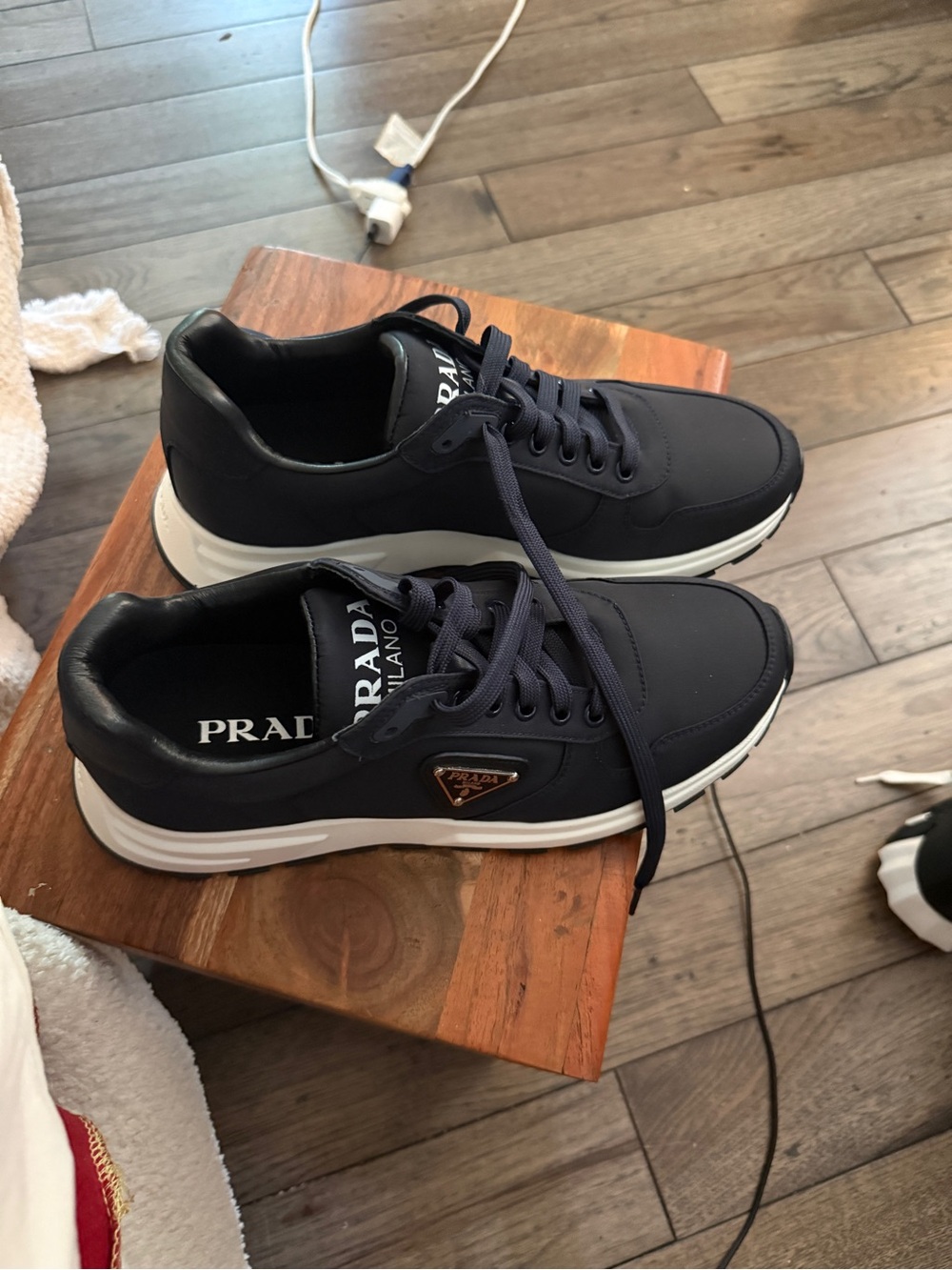 Prada Navy and White Men's Low-Top Logo Sneaker